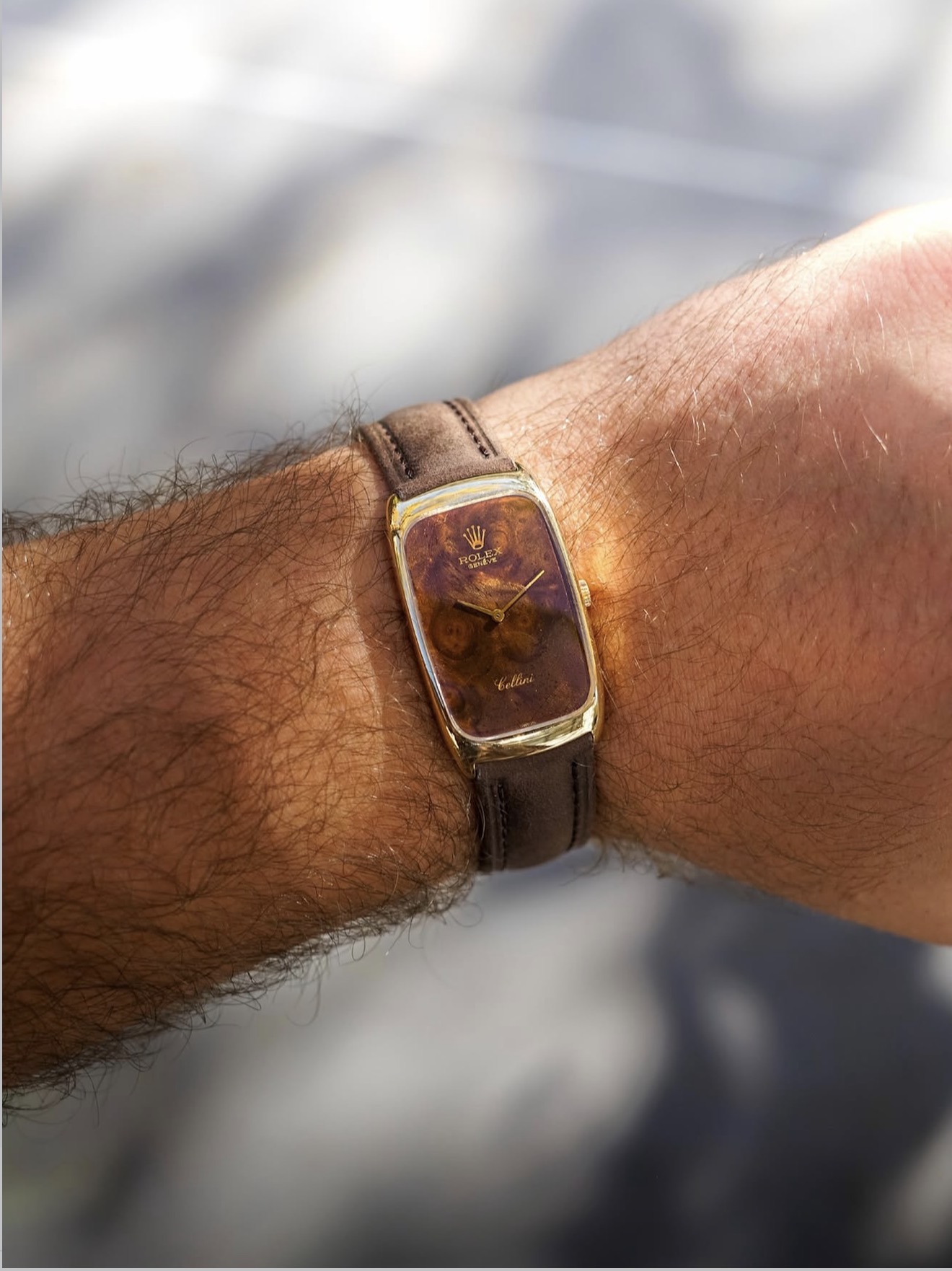 Rolex Cellini with burl wood dial on brown leather strap