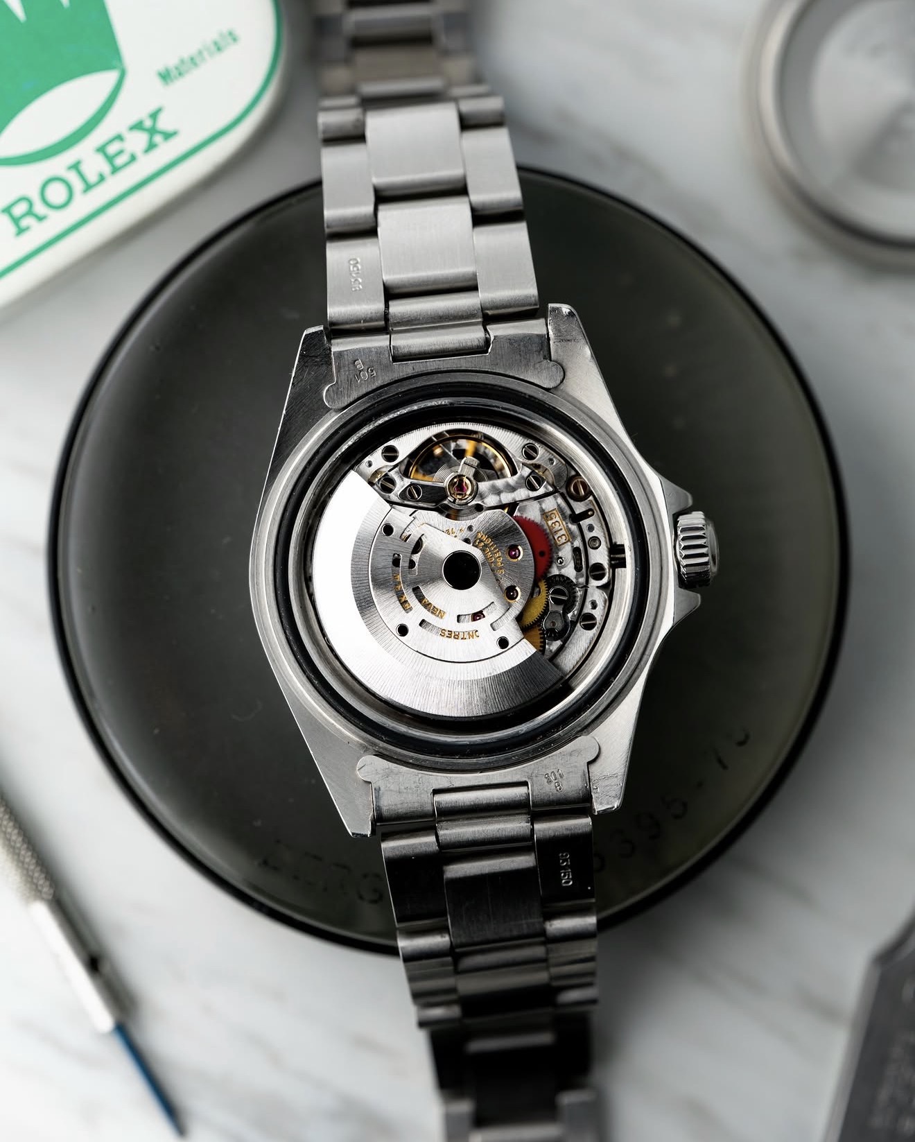 Caseback view of a vintage Rolex movement