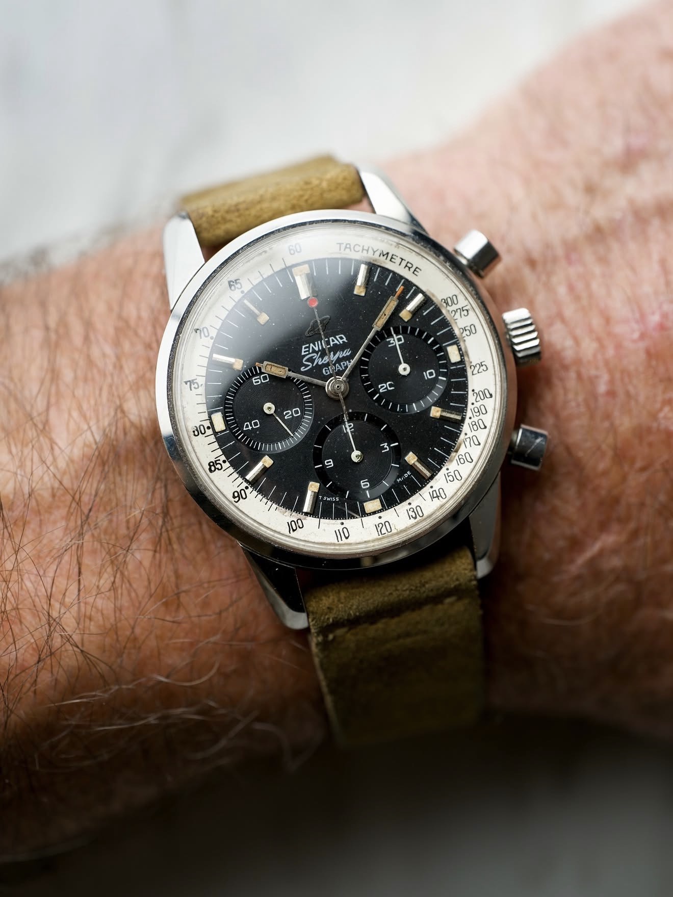 Vintage Enicar Sherpa Graph chronograph on green suede strap